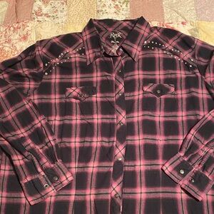 Rock 47 Wrangler Cowgirl Black and Pink Plaid snap long sleeve shirt